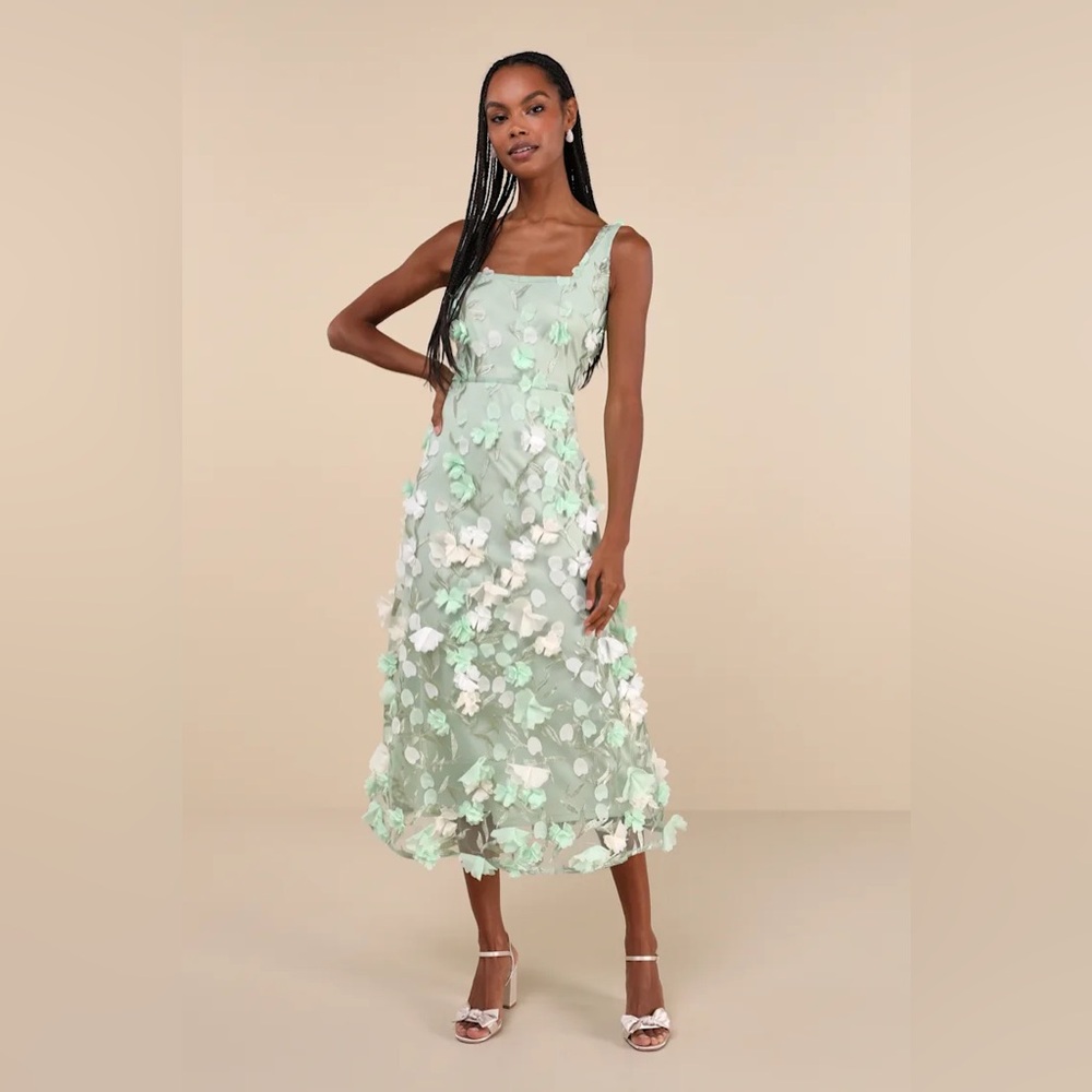 Lulus Elite Cutie Mint Green Mesh 3D Floral Embroidered Midi Dress